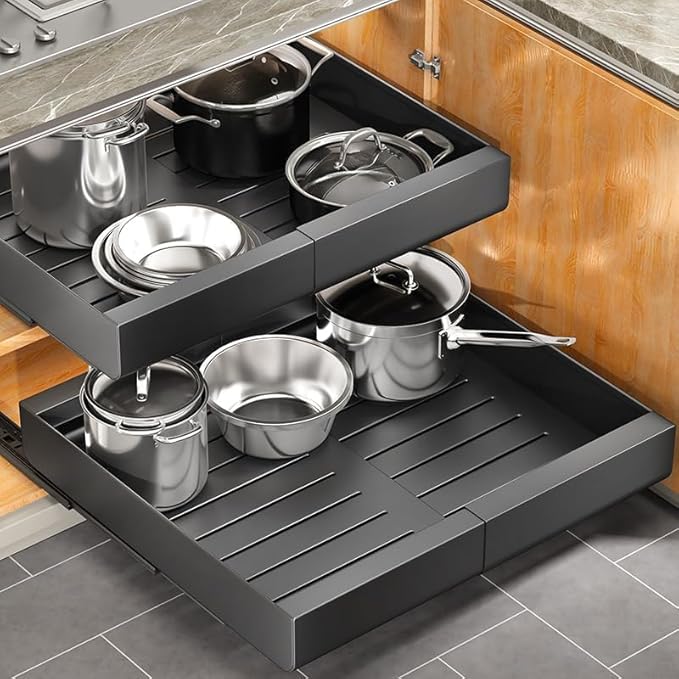 Pull out Cabinet Organizer, Wider Expandable(14"-24") Heavy Duty Slide out Drawers Fixed with Adhesive Nano Film for Pots and Pans, Roll out Shelf Storage for Kitchen Base Organization(Black)
