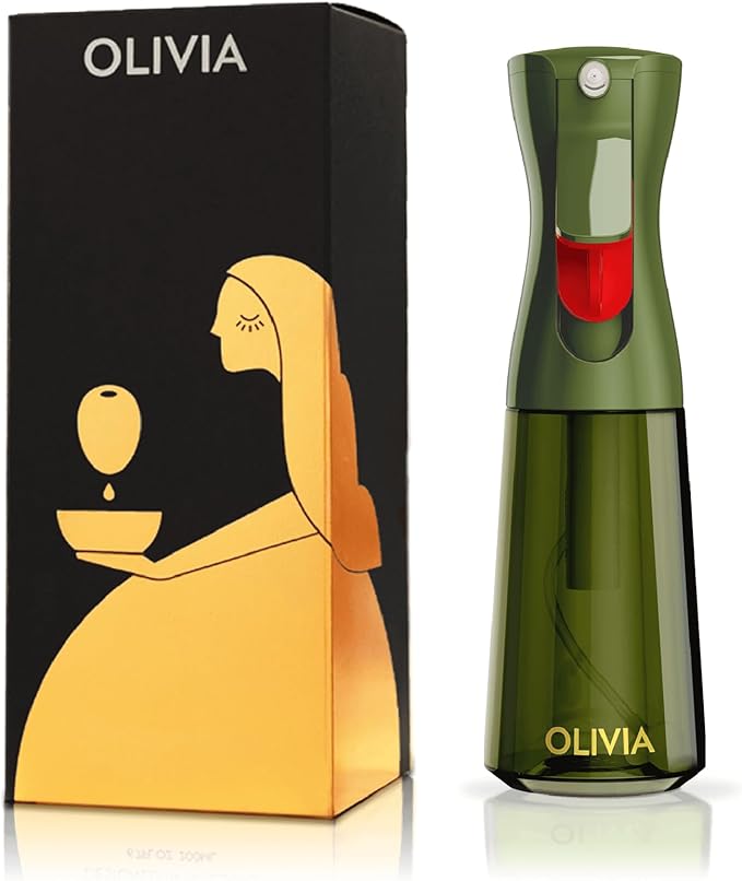 OLIVIA Signature Oil Sprayer for Cooking, 200ml Glass Olive Oil Sprayer, Continuous Cooking Spray with Portion Control, Oil Dispenser for Kitchen, Air Fryer, Salad, BBQ (Green Bottle, Gold Print)