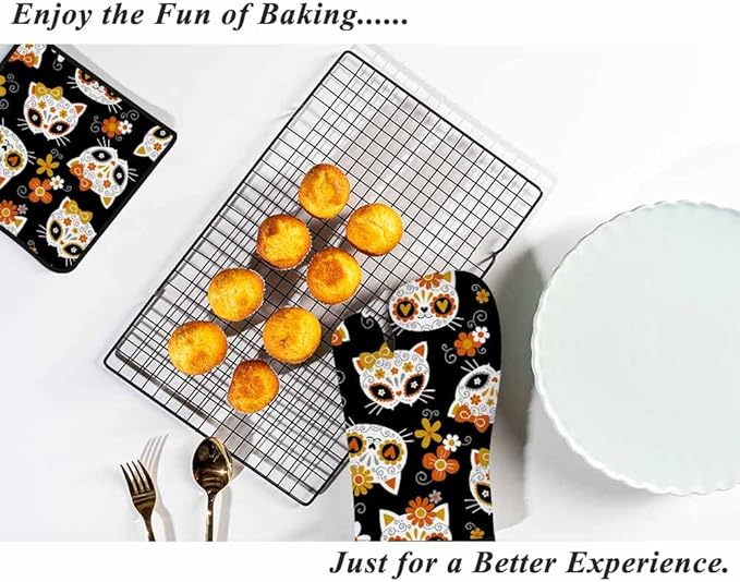 Cat Floral Skulls Oven Mitts and Pot Holders Sets Lovely Animal Head Funny Heat Resistant 3pcs for Cooking Baking BBQ