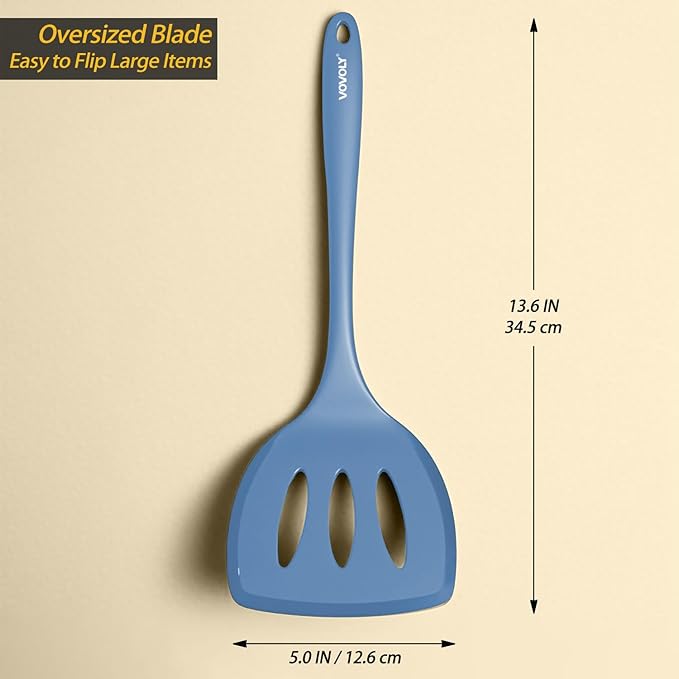 Silicone Pancake Spatula Turner with Lengthened Handle& Seamless Design, Heat Resistant Slotted Flipper for Nonstick Cookware, Large Flexible Kitchen Utensils for Egg, Pancake, Burger, Slotted Blue