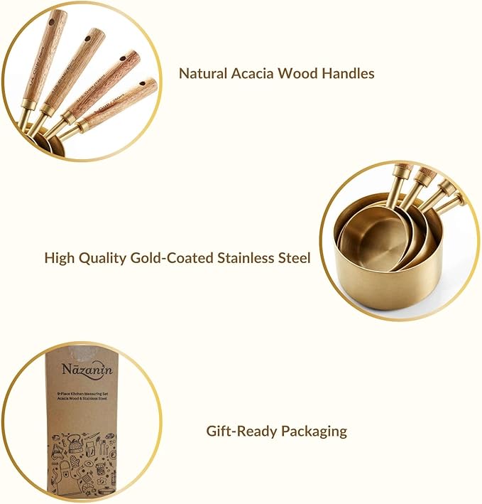 NAZANIN Gold Measuring Cups and Spoons Set with Leveler - 9 Piece Luxury Acacia Wood & Stainless Steel - Aesthetic Kitchen Decor - Professional Baking Tools - Wedding & Housewarming Gift