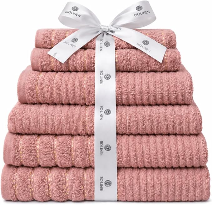 BIOLINEN 6-Piece Luxury Towel Set Rose 2 Bath Towels, 2 Hand Towels, 2 Washcloths Soft Absorbent Cotton Towel Pack for Bathroom, Home, Gym & Travel