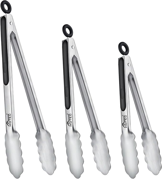 Hotec Stainless Steel Kitchen Tongs, Set of 3-7", 9" and 12", Locking Metal Food Tongs for Cooking, Serving, BBQ, Grill Non-Slip Grip