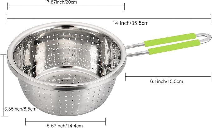 Stainless Steel Perforated Colander Strainer with Long Green Handle Sieve Sifters Use for Kitchen Food Pasta Noodles Spaghetti Vegetables Silver - 7.9inch