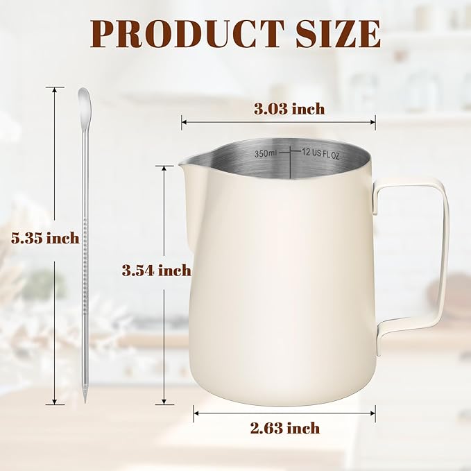Amrules Milk Frothing Pitcher, 12oz Milk Frother Cup with Clear Scale, 304 Stainless Steel Cappuccino Espresso Machine Accessories for Barista Coffee Bar with Latte Art Pen, White
