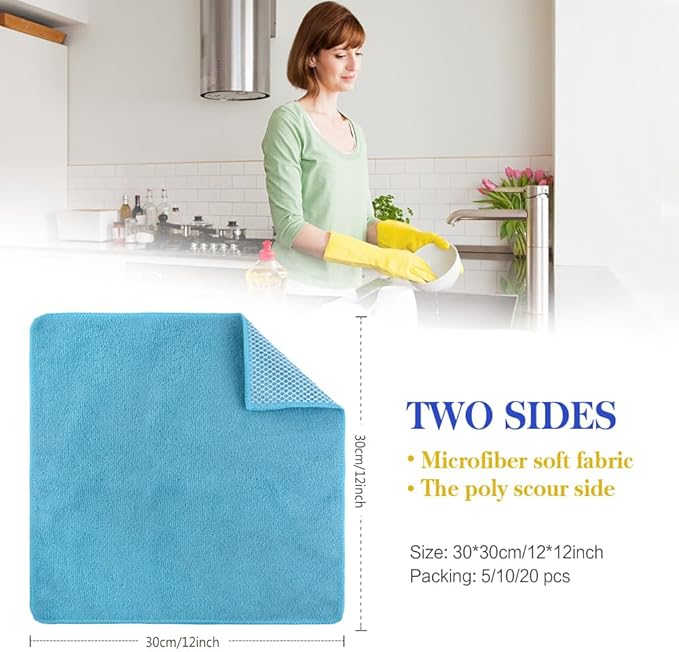 SINLAND Microfiber Dish Cloth Towels with Poly Scour Side Best Kitchen Cleaning Cloths Rags 12"x12" 5 Pack 5 Color Assorted (Pink+Blue+White+Yellow+Green)