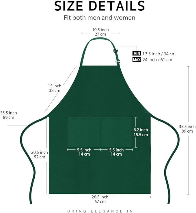 Syntus 12 Pack Bib Apron, Unisex Aprons Adjustable Waterdrop Resistant with 2 Pockets Cooking Kitchen Apron for Chef, BBQ Drawing Apron Bulk, Dark Green
