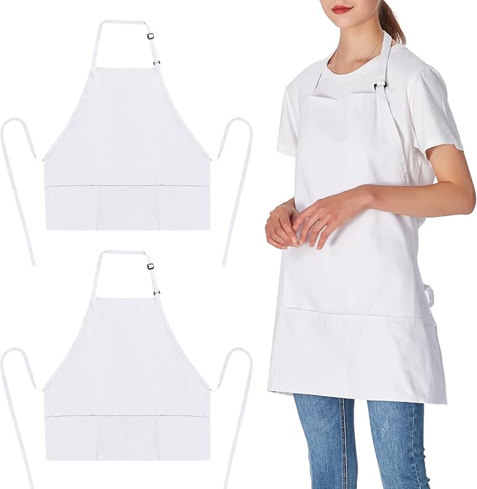 Jubatus 2 Pack 3 Pockets 100% Cotton Adjustable Bib Apron Chef Kitchen Cooking Aprons for Women Men, White