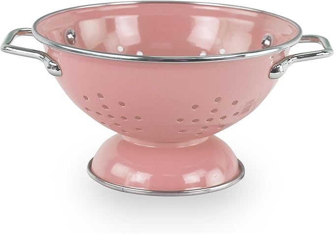 Reston Lloyd, 1 Quart Powder Coated Steel Kitchen Strainer Basket for draining Pasta, Vegetable and Fruit, Chrome Handles and Wide Stable Base, Pink