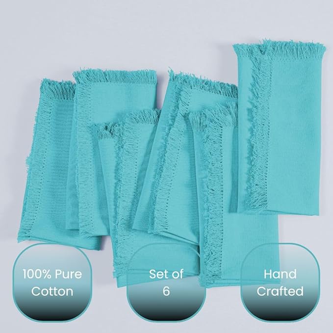 Set of 6 Dinner Napkins Fringes 100% Cotton - Soft Durable Reusable - Perfect for Dining Weddings Parties Holidays Easter Christmas & Everyday Use Table Napkins - 20x20 in Napkins Turquoise