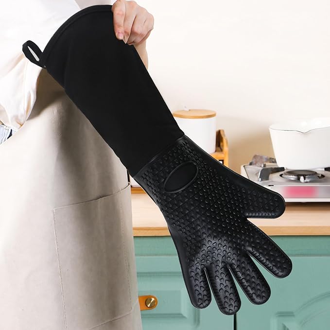 1 Pair Extra Long Professional Oven Mitts, Non-Slip Silicone Grip Heat Resistant,19.7" Length,Up to 572℉ for BBQ Cooking Baking Grilling (Black)