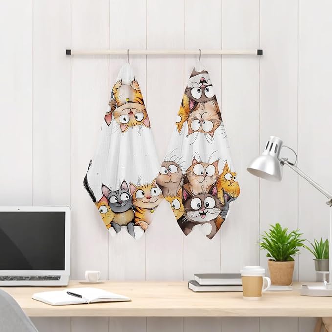 Jztco 2 Pcs Cute Cat Kitchen Towels, Cats Soft Absorbent Hand Tea Towel, Microfiber Dish Cloths for Drying Dishes, Waffle Dish Towels for Kitchen Bathroom Decor, Cat Lover Gifts for Women Mom Grandma