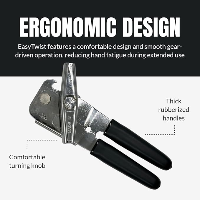 EasyTwist Heavy-Duty Manual Swing Away Can Opener with Carbon Steel Cutting Blade by B53 – Made in the USA – Comfortable Grip, Smooth Operation, Rust-Resistant, Ideal for Home or Commercial Kitchens