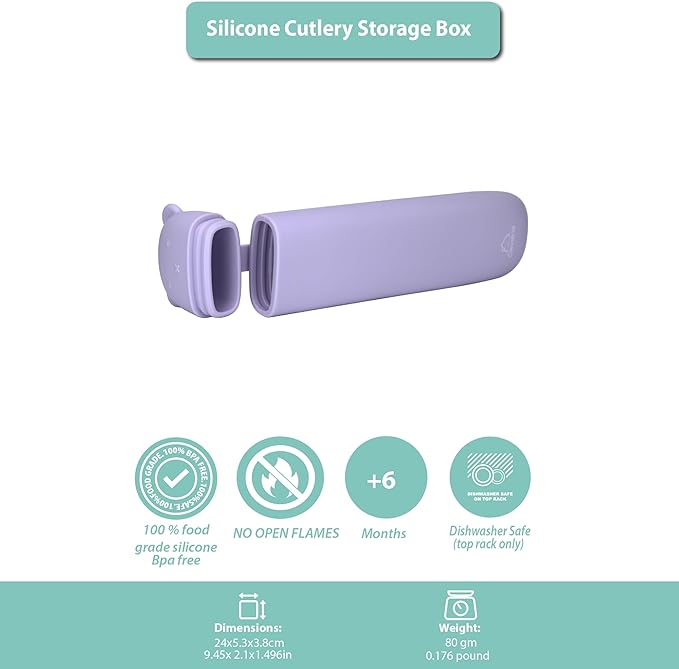 Silicone Cutlery Storage Box for Toddler Utensils – Fits Spoon, Fork & Knife | BPA-Free (Purple Light)