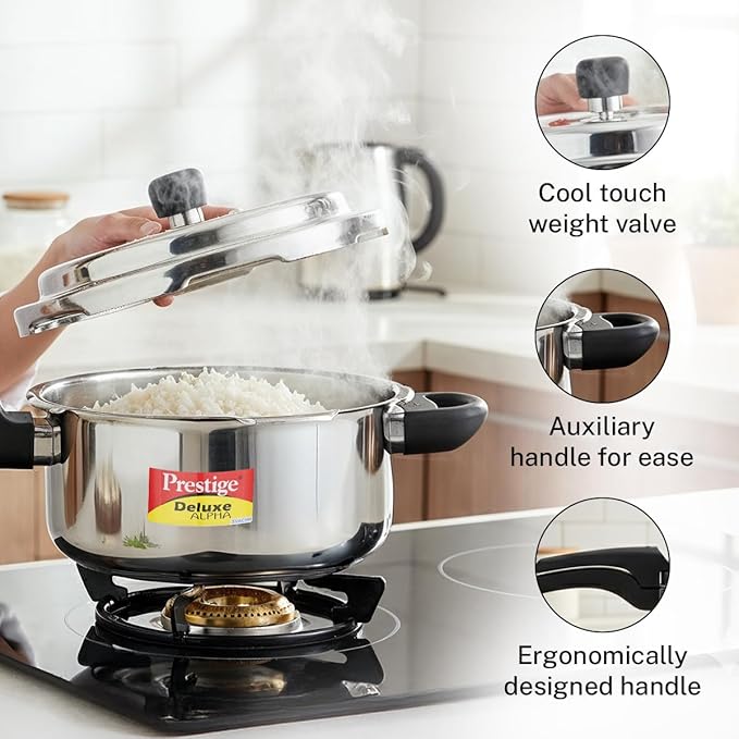 Prestige Deluxe Alpha Svachh Stainless Steel Pressure Cooker with Alpha Base and Deep Lid for Spillage Control, (3 Liter)