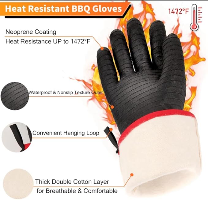 2 PCS BBQ Gloves - 1472°F Thicken Heat Gloves W/S-Hook 14 in Kitchen Oven Mitts Black Neoprene Waterproof Grill Gloves