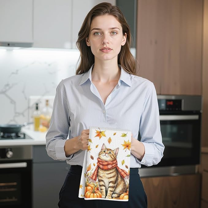 2 Pcs Fall Kitchen Towels, Pumpkin Soft Absorbent Tea Hand Towel, Microfiber Dish Cloths for Drying Dishes, Waffle Dish Towels for Kitchen Bathroom Home Decor, Cat Lover Gifts for Women Mom