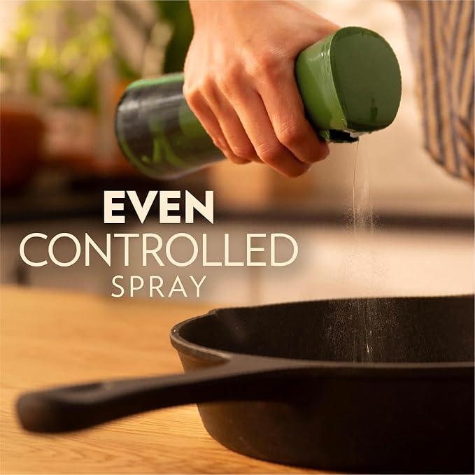 OLIVIA Signature Oil Sprayer for Cooking, 200ml Glass Olive Oil Sprayer, Continuous Cooking Spray with Portion Control, Oil Dispenser for Kitchen, Air Fryer, Salad, BBQ (Green Bottle, Gold Print)