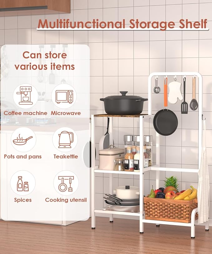 mocomax Kitchen Stand Shelf with Storage, 3-Tier Utility Baker's Rack for Spices, Adjustable Coffee Bar Station with 8 Hooks, Space-Saving Microwave Oven Stand for Pots, Pans & Utensils, White