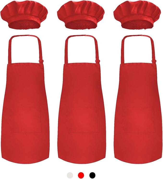 Novelty Place Kid's Apron with Chef Hat Set (3 Set) - Children’s Bib with Pocket Skin-friendly Fabrics - Cooking, Baking, Painting, Training Wear - Kid's Size (6-12 Year, Red)