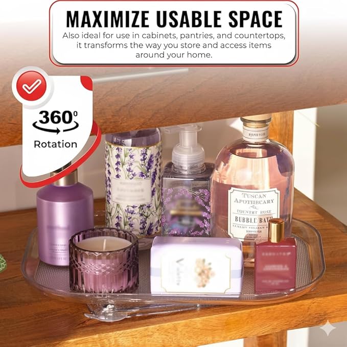 Oizeir Refrigerator Lazy Susan Turntable – Clear Rectangular Fridge Organizer with Suction Cups, 360° Rotating Tray for Side-by-Side Refrigerators, Cabinet & Pantry Organization