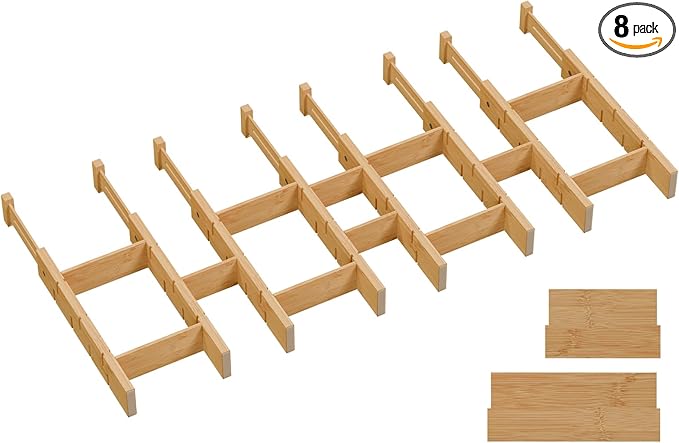 Bamboo Drawer Dividers, Expandable Kitchen Drawer Organizer, Include 8 Dividers, 8 Small Inserts and 8 Medium Inserts for Home, Office, Dressers (Short-8 Dividers)