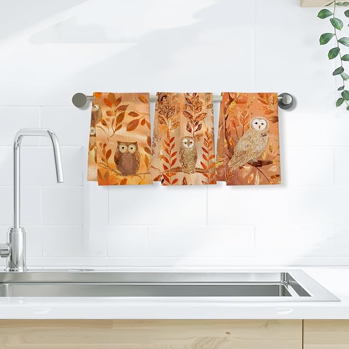 3 Pcs Fall Owl Kitchen Towels, Autumn themed Decorative Absorbent Microfiber Dish Cloth Tea Towel, Vintage Waffle Soft Hand Towels for Farmhouse Home Bathroom, Fall Gifts
