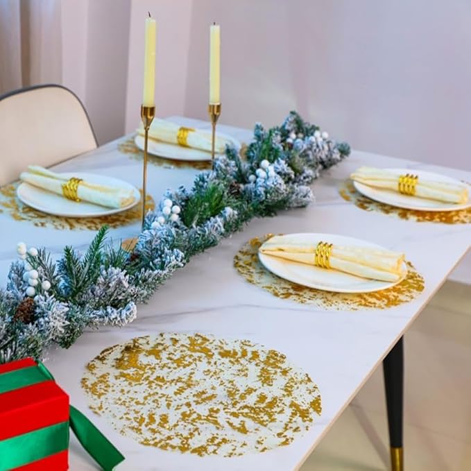 Snowkingdom Gold Placemats Set of 24 Round 13 Inch Foil Mesh Pressed Fall Disposable Table Mates 24 Pack Gold Doilies for Dining Table Wedding Birthday Party Holiday Home Decoration