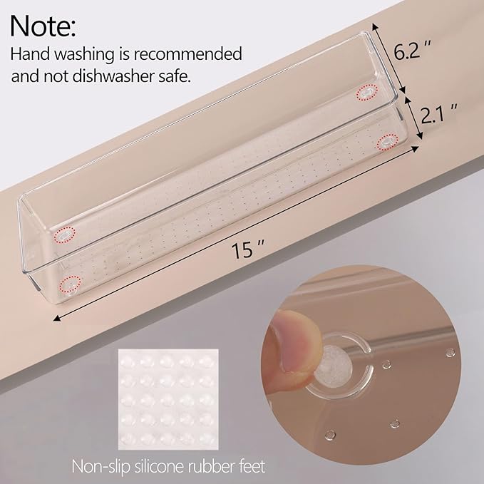 Ohlove 6 Pcs Large Clear Plastic Drawer Organizers Tray 15" x 6.3" Storage Bins with 25 Pcs Non-Slip Pads for Makeup, Jewelries, Kitchen Utensils, Bathroom and Office