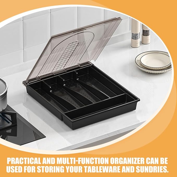 SHOWERORO Large Flip-top Kitchen Silverware Box with Dividers, Black Cutlery Organizer Drawer Storage Tray for Forks, Spoons, and Knives, Convenient Utensil Storage Solution for Kitchen