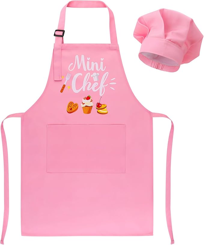 Kids Apron and Chef Hat Set, “Mini Chef” Funny Apron Adjustable Kitchen Apron for Boys and Girls
