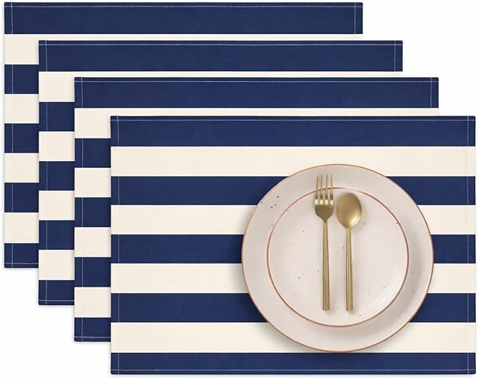 Folkulture Placemats Set of 4 (13 x 18) | 100% Cotton,Cute, Heat Resistant,Machine Washable Striped Place Mats | Blue & White Rectangular Cloth Table Placemats or Dining Table Mats for Dinner Party