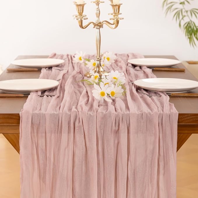 Socomi 2pcs Pink Cheesecloth Table Runner Easter Spring Boho Rustic Gauze Dusty Pink Farmhouse 120 inch 10FT Cheese Cloth Runner for Wedding Party Baby Shower Birthday Home Decor