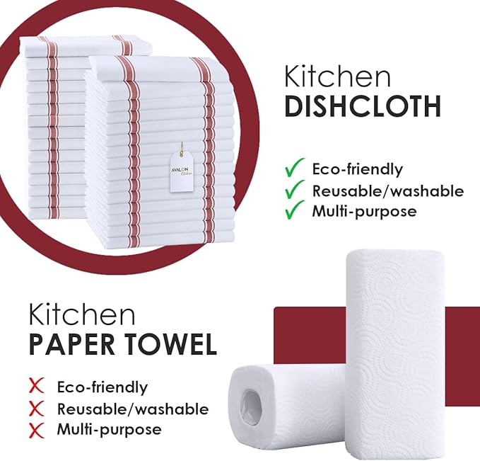 Avalon Kitchen Dish Towels Set (Value Pack of 30) Size 15x25 Inch, 100% Cotton Soft & Absorbent Kitchen Towels, Tea Towels, Reusable Cleaning Cloths for Household Cleaning (Red)
