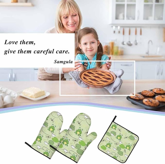 Frog Oven Mitts and Pot Holders Sets Dragonfly Lotus Leaf Summer Heat Resistant 3pcs for Cooking Baking BBQ
