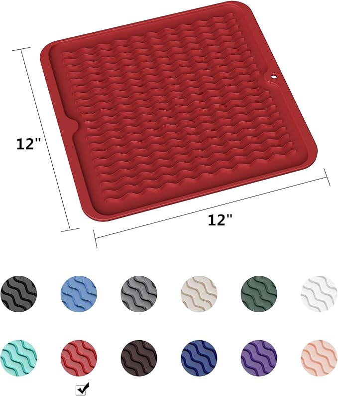 ZLR Silicone Dish Drying Mat 12" x 12" Square - Small Heat Resistant Trivet & Countertop Protector for Air Fryer, Coffee Maker - Waterproof Kitchen Drain Pad for Cups, Fruit (Lava Red)