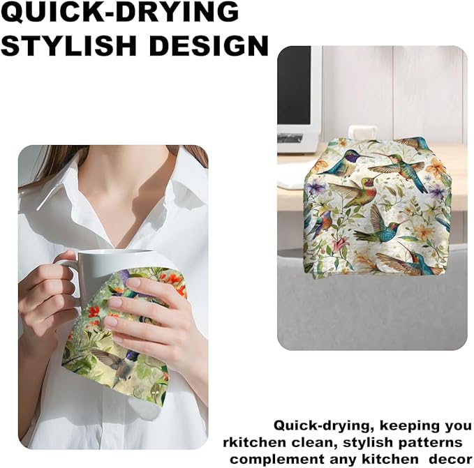 4 Pcs Vintage Hummingbird Kitchen Towels, Artistic Decorative Absorbent Microfiber Dish Cloth Tea Towel, Floral Waffle Hand Towels for Farmhouse Home Bathroom, Bird Lover Gifts