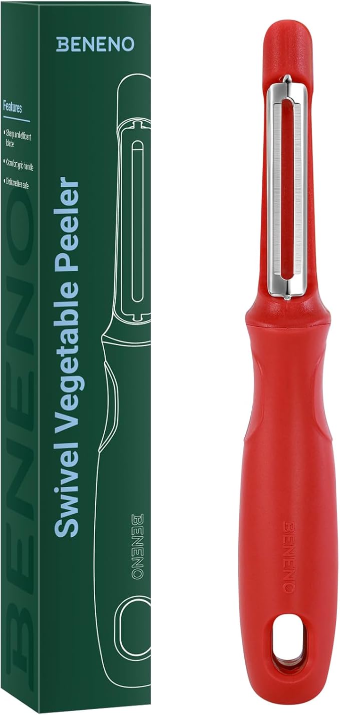 Beneno Swivel Vegetable Peeler, Razor-Sharp Smooth Peeling Potato Peelers with Stainless Steel Blades, Ergonomic Comfort Non-Slip Rubber Handle, Durable Kitchen Peelers with Potato Eye Remover, Red