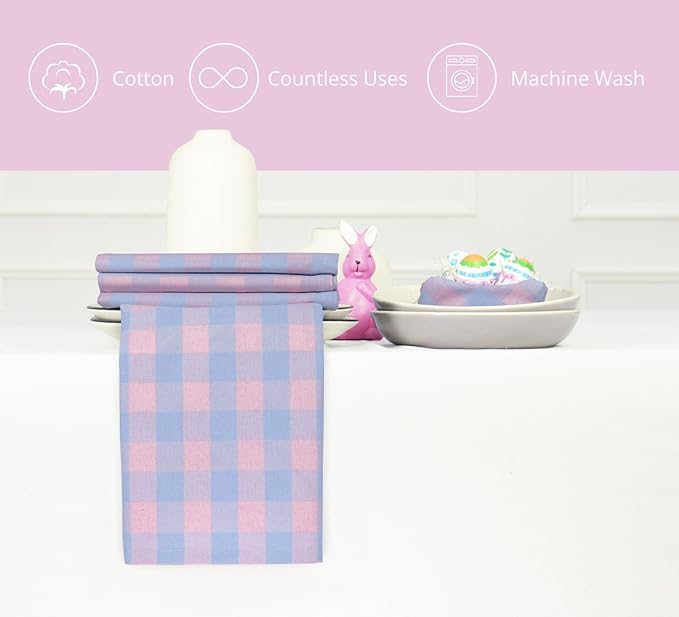 PurpleEssences Buffalo Plaid Cloth Napkins - Mitered Corners - Spring Easter Summer - Gingham Check Dinner Napkin - Set of 12-100% Cotton - 18x18 Inch - Reusable Washable - Light Blue and Blush Pink