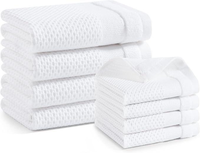Homaxy Kitchen Towels and Dishcloths Set, 12 x 12 and 13 x 28 Inches, Set of 8 100% Cotton Waffle Weave Kitchen Towels, Super Soft and Absorbent Dish Cloths, White