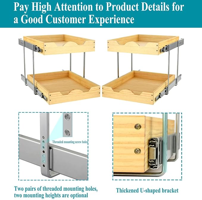 OCG 2 Tier Pull Out Drawers For Cabinets, Double Tier Slide out Wood Cabinet Organizer, Pull Out Shelves for Base Cabinet Organization in Kitchen, Pantry, Bathroom