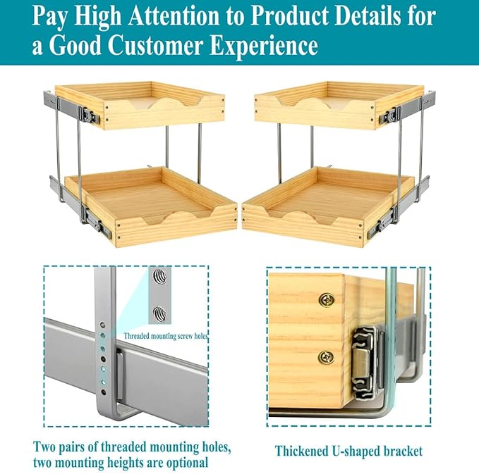 OCG 2 Tier Pull Out Cabinet Organizer (17"W x 21"D), Double Tier Slide out Wood Drawer Shelf, Pull Out Shelves for Base Cabinet Organization in Kitchen, Pantry, Bathroom