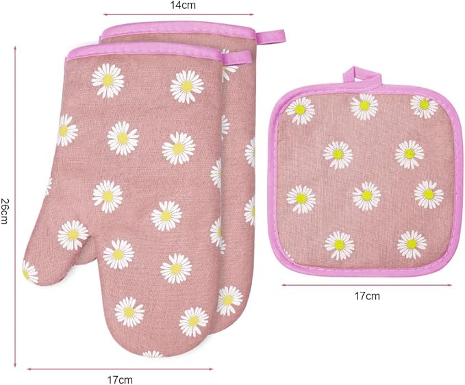 AUAUY Oven Mitts and Potholders, BBQ Gloves Heat Resistant, 1 Pair Oven Mitts and 2 Pot Holders, Cotton Non-Slip Cooking Gloves for Cooking Baking Kitchen Microwave Pizza(Daisy-Pink)