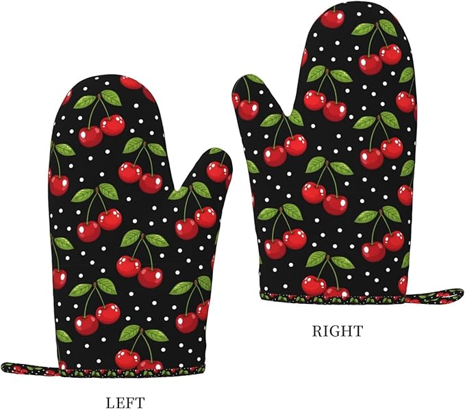 Cherry Print Silicone Oven Mitts Set of 2, Heat Resistant up to 500°F, Kitchen Oven Gloves with Non-Slip Grip and Soft Cotton Lining for Baking, Cooking and BBQ