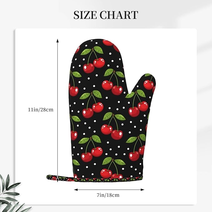 Cherry Print Silicone Oven Mitts Set of 2, Heat Resistant up to 500°F, Kitchen Oven Gloves with Non-Slip Grip and Soft Cotton Lining for Baking, Cooking and BBQ