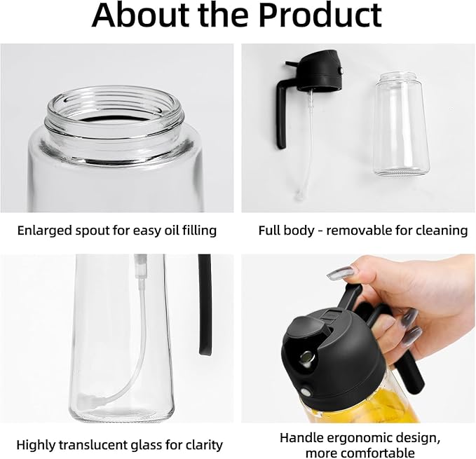 Aovdy Oil Sprayer for Cooking 16oz, 2 in 1 Olive Oil Dispenser and Oil Sprayer - 470ml Olive Bottle Spray and Pour - Glass Oil Dispenser for Kitchen Cooking Salad BBQ (2Pcs - White&Black)