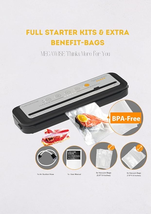 MEGAWISE 2025 Powerful Vacuum Sealer Machine | Compact Design | One-Touch Automatic | Seal in 10-20 Seconds | Dry, Moist, Wet, and Cold Modes | With 10 Vacuum Bags & Built-in Cutter