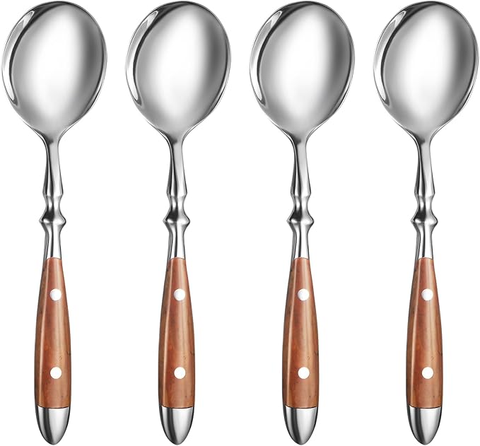 Soup Spoons，4Pcs Soup Spoons Set，Premium Stainless Steel 18/8 Spoons with Comfortable Bakelite Handle，Heavy-Weight Metal Round Spoons