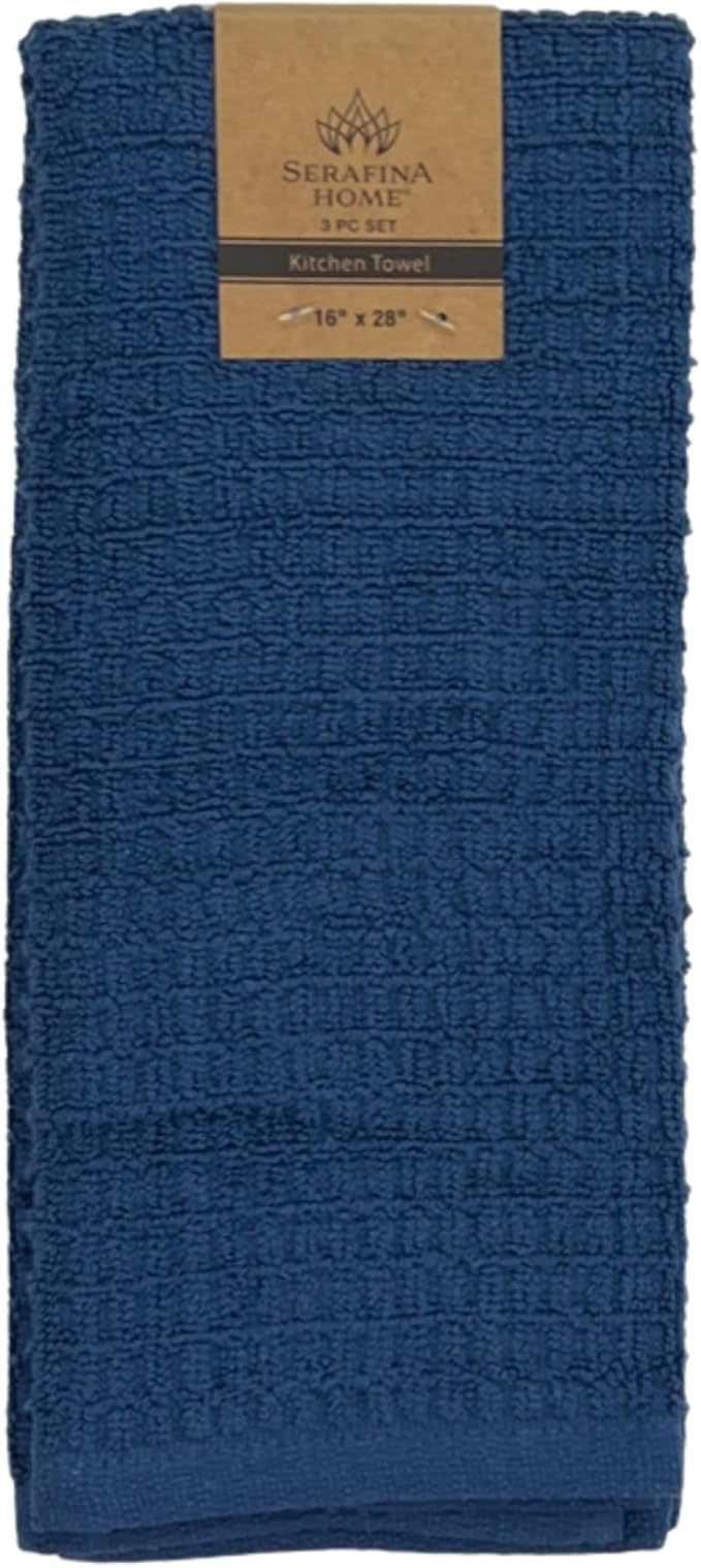 Serafina Home Waffle Blue Kitchen Dish Towels 100% Cotton Cloth Soft Cleaning Drying Absorbent Terry Box Loop: Set of 3 Multipurpose for Everyday Use, 18" x 28" (Blue Box)