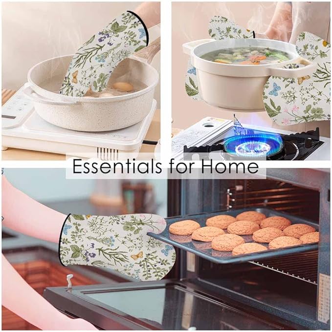 Floral Plant Oven Mitts and Pot Holders Sets Wild Flowers Herbs Heat Resistant 3pcs for Cooking Baking BBQ